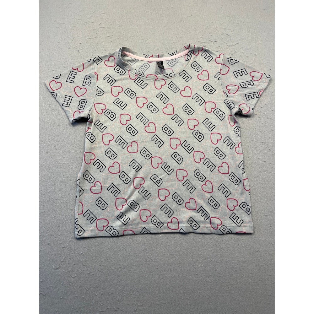 bebe Sleepwear Top Knit Logo Heart Print Gray Pink Medium Womens